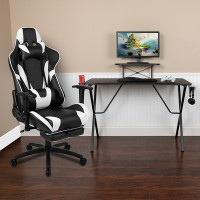 Flash Furniture BLN-X30RSG1031-BK-GG Black Gaming Desk and Black Footrest Reclining Gaming Chair Set with Cup Holder, Headphone Hook, and Monitor/Smartphone Stand